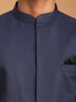 Vastramay Men's Navy Blue Solid Silk Blend Indo Western With Black Pant Set